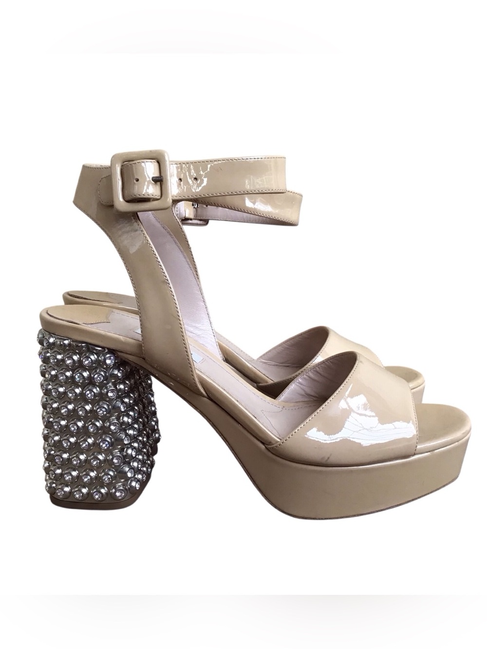 Miu Miu Patent Jewel Platform Heel Sandal in Nude Size 39